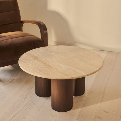 Trivium - Table basse ronde en travertin beige et bois foncé premium