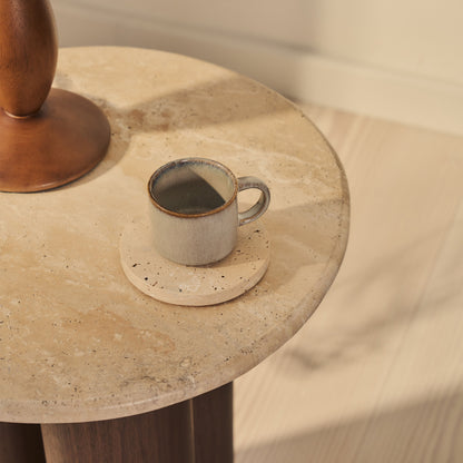 Trivium - Table d'Appoint Ronde en Travertin Beige et Bois Foncé Premium