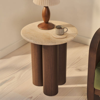 Trivium - Table d'Appoint Ronde en Travertin Beige et Bois Foncé Premium