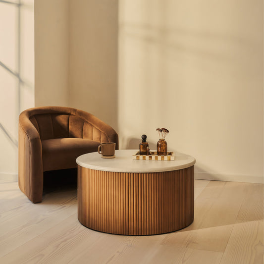 Cove - Table Basse Ronde Cannelée Bois Chaud