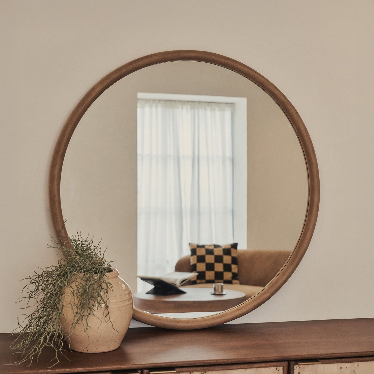 Amora - Grand miroir mural rond en bois chaud 100 cm x 100 cm