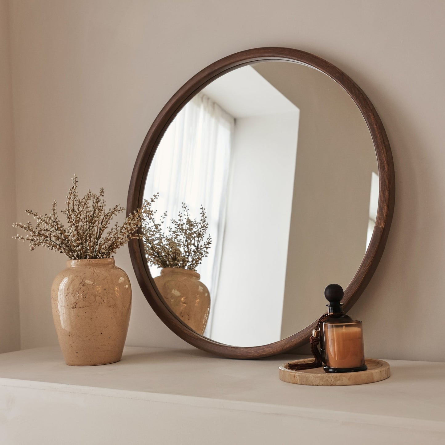 Arden - Miroir mural rond en bois foncé 70 cm x 70 cm