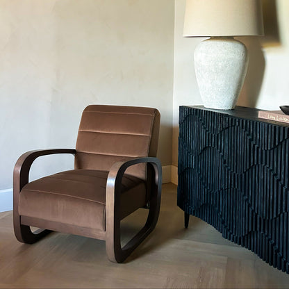 Dalton - Fauteuil d'Appoint en Velours Marron et Bois Foncé