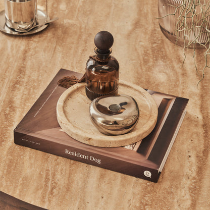 Valor - Table basse ronde premium en travertin beige et bois foncé