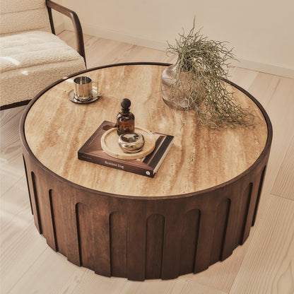 Valor - Table basse ronde premium en travertin beige et bois foncé