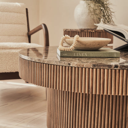 Sloane - Table basse ronde en marbre Dark Emperador et bois chaud premium