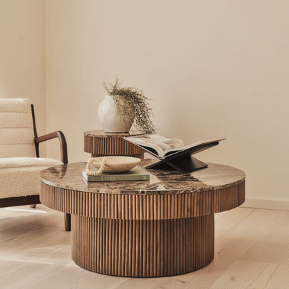 Sloane - Table basse ronde en marbre Dark Emperador et bois chaud premium