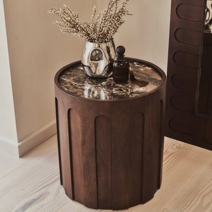 Valor - Table d'appoint ronde en marbre Dark Emperador et bois foncé premium