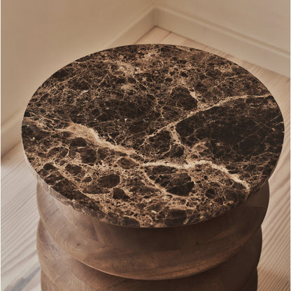 Orinthia - Table d'Appoint Ronde en Bois Foncé et Marbre Dark Emperador Premium