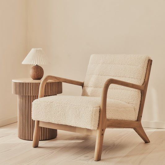 Hudson - Fauteuil d'Appoint en Bouclé Ivoire et Bois Chaud