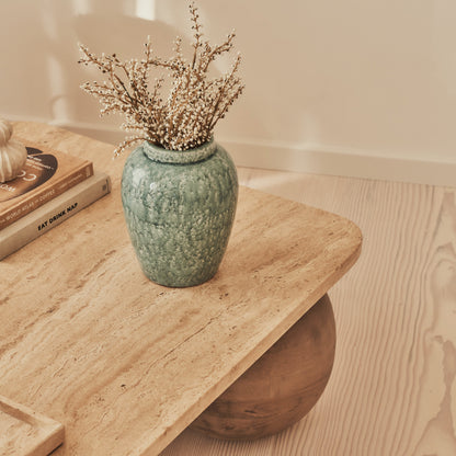 Melrose - Table basse rectangulaire premium en travertin beige et bois chaud