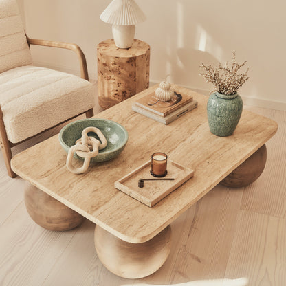 Melrose - Table basse rectangulaire premium en travertin beige et bois chaud