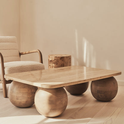 Melrose - Table basse rectangulaire premium en travertin beige et bois chaud