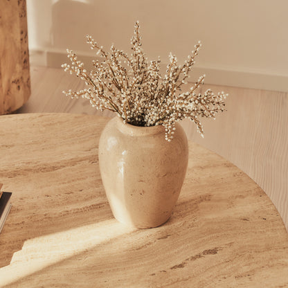 Melrose - Table basse ronde en travertin beige et bois chaud premium