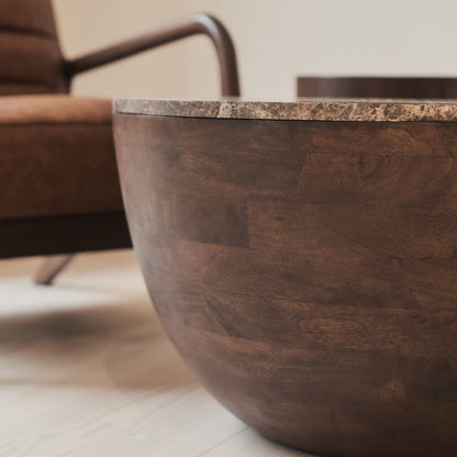 Lyra - Table basse ronde premium en bois foncé et marbre Dark Emperador