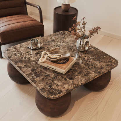 Melrose - Table basse carrée premium en bois foncé avec marbre Dark Emperador