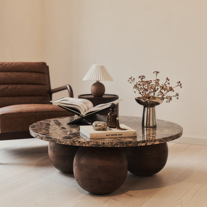 Melrose - Table basse ronde premium en bois foncé et marbre Dark Emperador