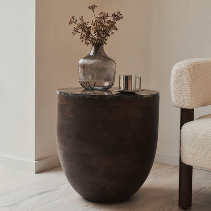 Lyra - Table d'Appoint Ronde en Marbre Dark Emperador et Bois Foncé Premium