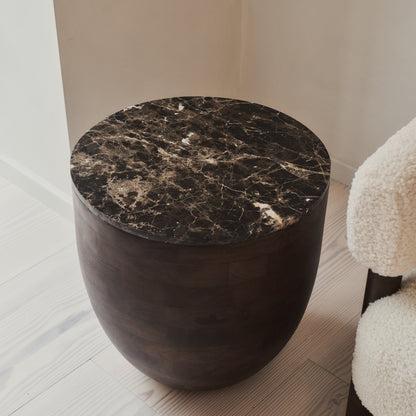 Lyra - Table d'Appoint Ronde en Marbre Dark Emperador et Bois Foncé Premium