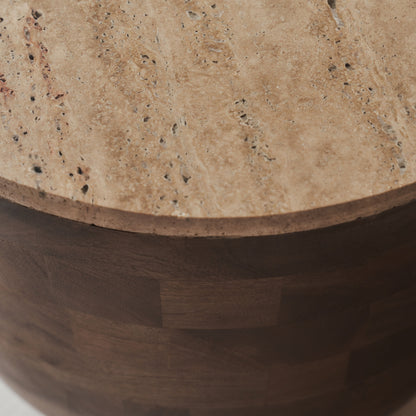 Lyra - Table d'Appoint Ronde en Travertin Beige et Bois Chaud Premium