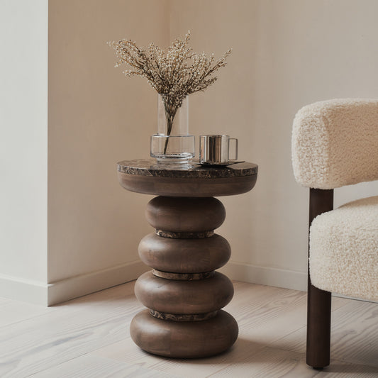 Belgravia - Table d'Appoint Ronde en Marbre Dark Emperador et Bois Foncé Premium