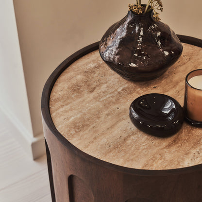 Valor - Table d'Appoint Ronde en Travertin Beige et Bois Foncé Premium