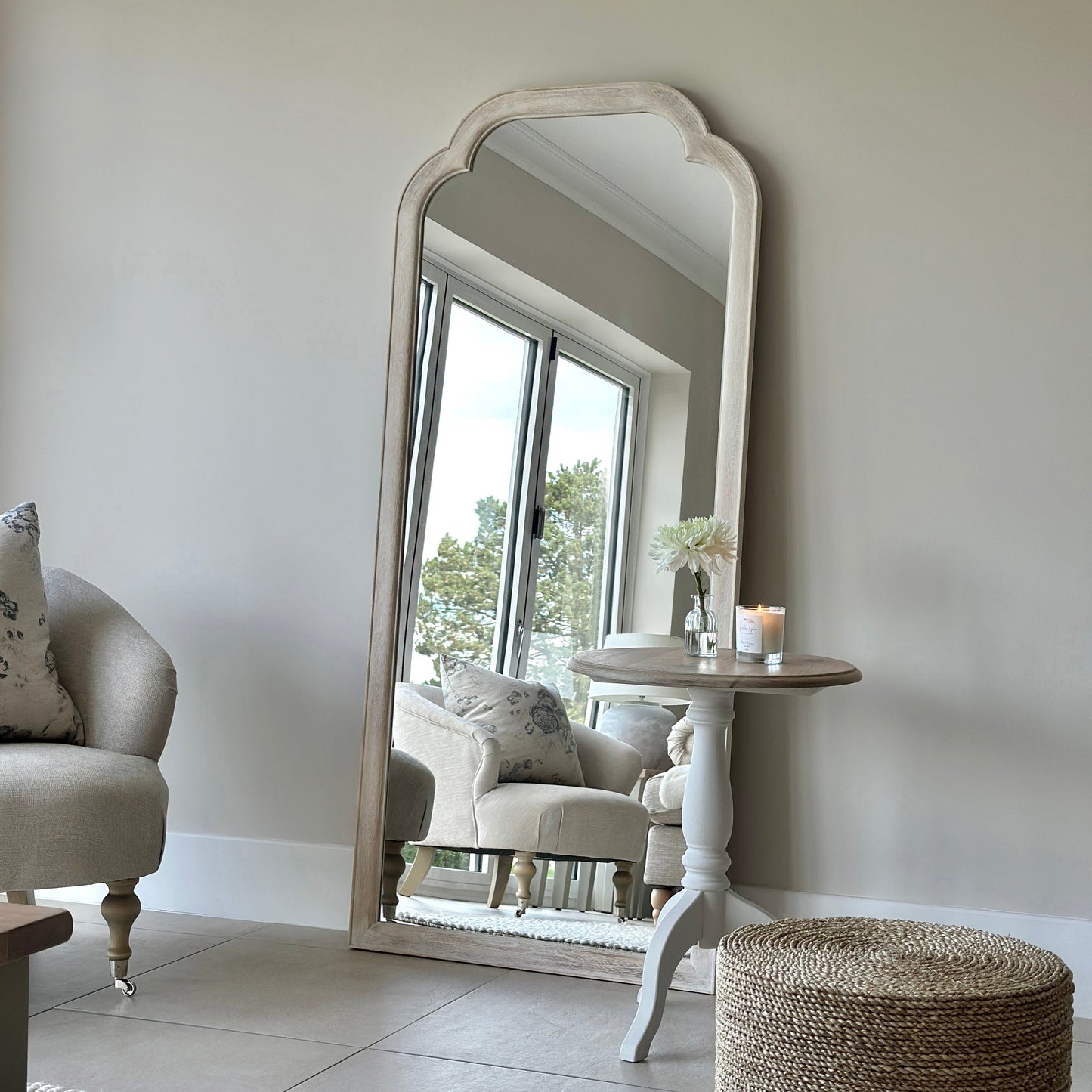 Elena - Miroir Arqué en Bois Blanchi Pleine Longueur 170cm x 75cm