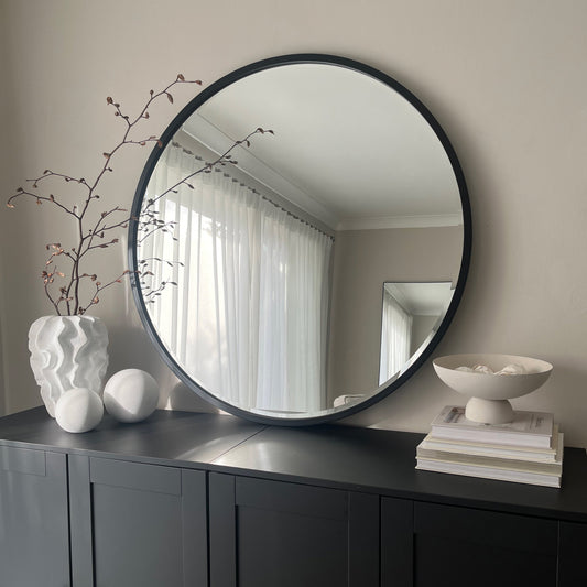 Higgins - Miroir Mural Rond Moderne en Métal Noir 80cm x 80cm