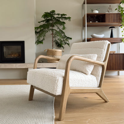 Hudson - Fauteuil d'Appoint en Bouclé Ivoire et Bois Chaud