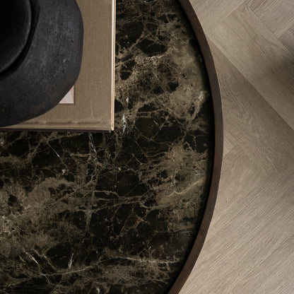 Valor - Table basse ronde premium en bois foncé et marbre Dark Emperador
