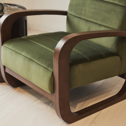 Dalton - Fauteuil d'Appoint en Velours Olive et Bois Foncé