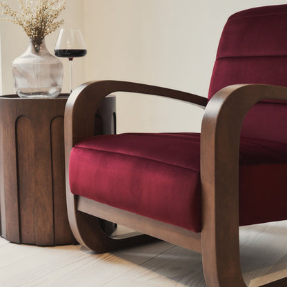 Dalton - Fauteuil d'Appoint en Velours Rouge Merlot et Bois Foncé