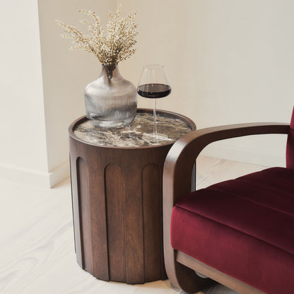 Dalton - Fauteuil d'Appoint en Velours Rouge Merlot et Bois Foncé