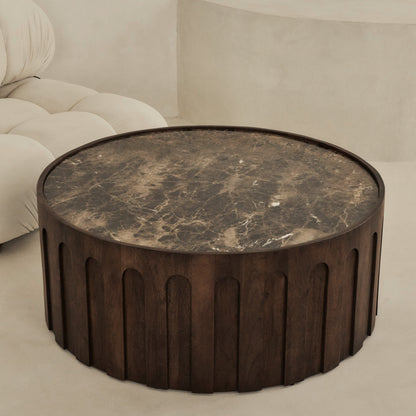 Valor - Table basse ronde premium en bois foncé et marbre Dark Emperador