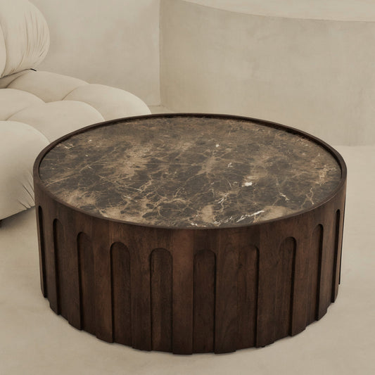 Valor - Table basse ronde premium en bois foncé et marbre Dark Emperador