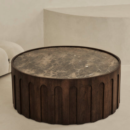 Valor - Table basse ronde premium en bois foncé et marbre Dark Emperador