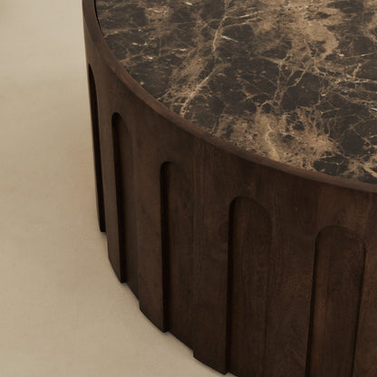 Valor - Table basse ronde premium en bois foncé et marbre Dark Emperador