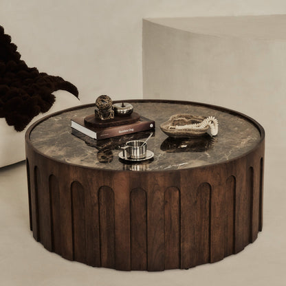 Valor - Table basse ronde premium en bois foncé et marbre Dark Emperador