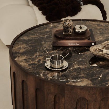 Valor - Table basse ronde premium en bois foncé et marbre Dark Emperador