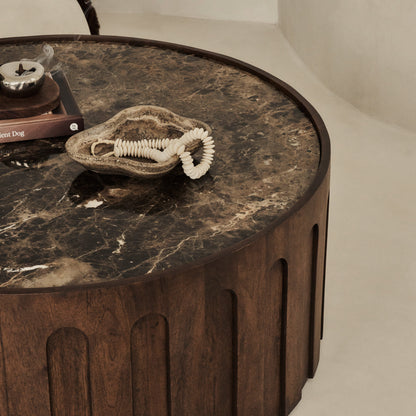 Valor - Table basse ronde premium en bois foncé et marbre Dark Emperador