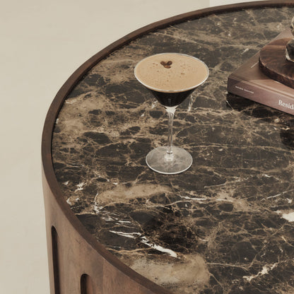 Valor - Table basse ronde premium en bois foncé et marbre Dark Emperador