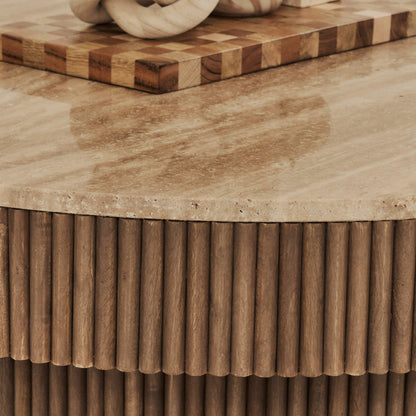 Sloane - Table basse ronde en travertin beige et bois chaud premium