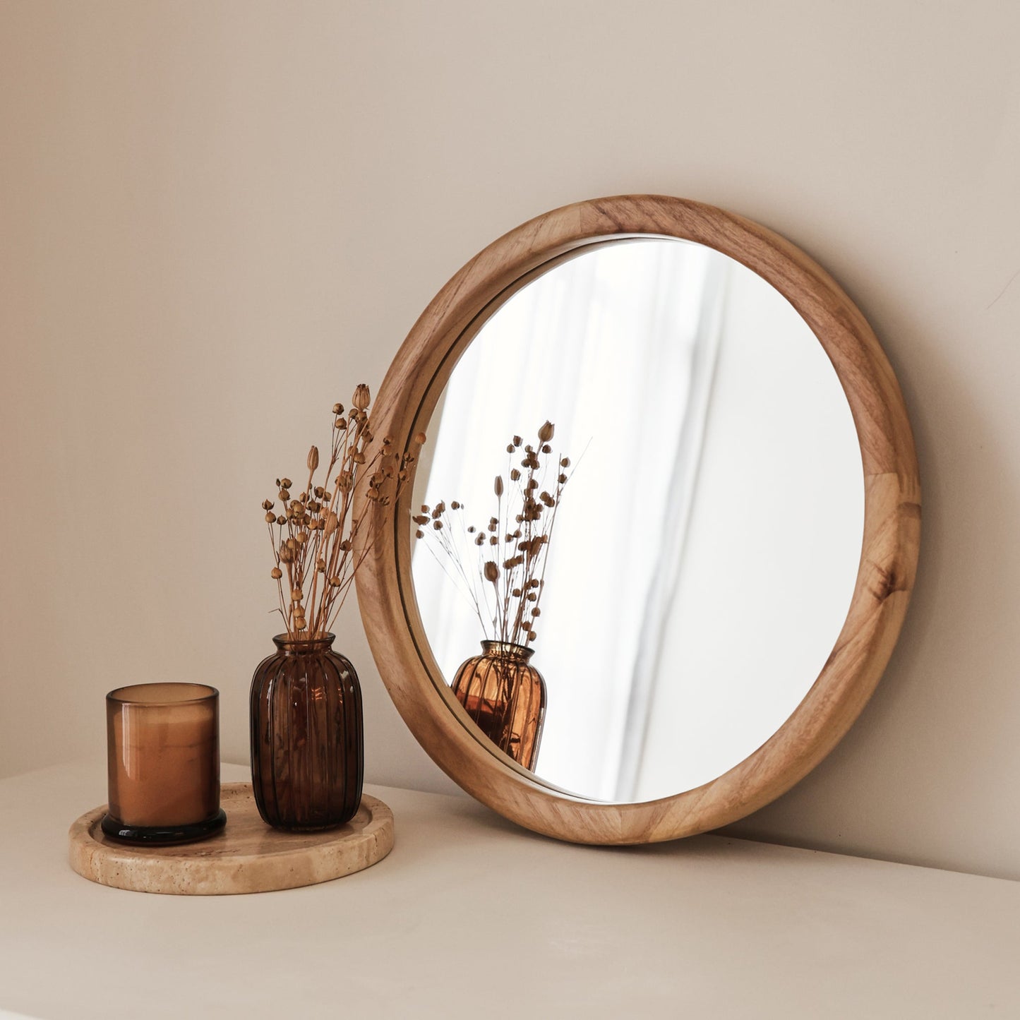 Arden - Miroir mural rond en bois clair 40cm x 40cm