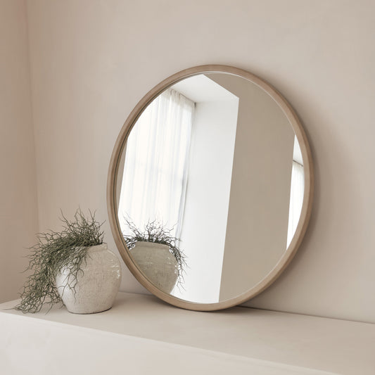 Arden - Grand miroir mural rond en béton et bois 90 cm x 90 cm