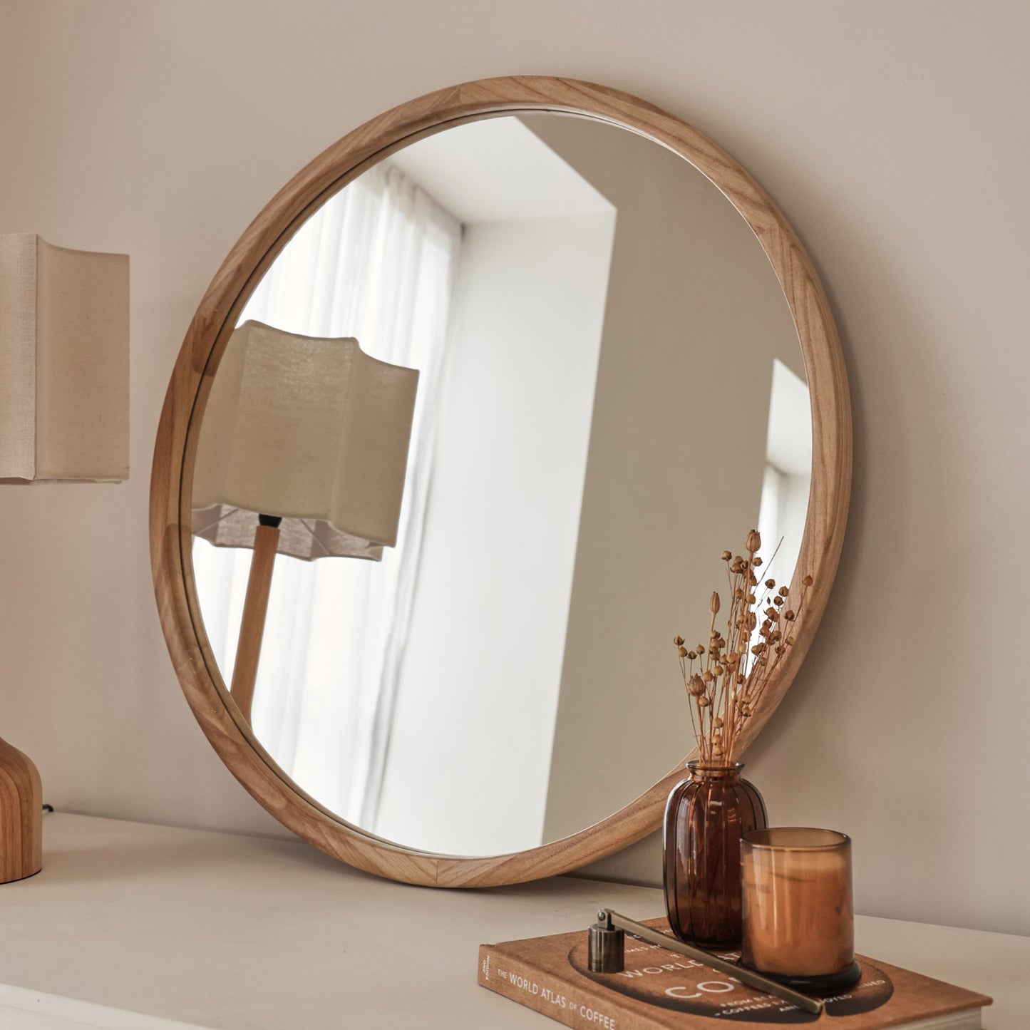 Arden - Miroir Mural Rond en Bois Clair 70cm x 70cm