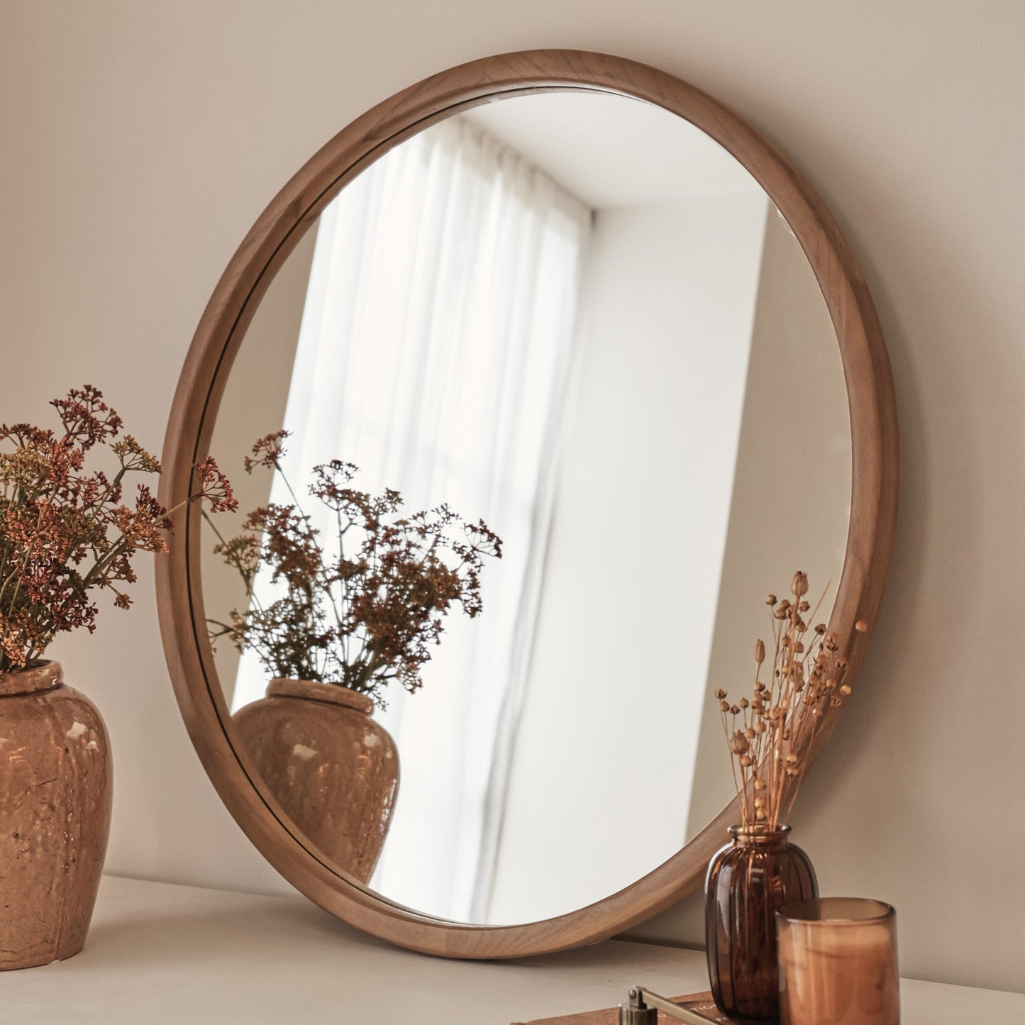 Arden - Miroir mural rond en bois chaleureux 70cm x 70cm
