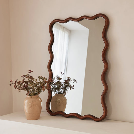 Marea - Miroir Mural Rétro Ondulé en Bois Foncé 100cm x 70cm