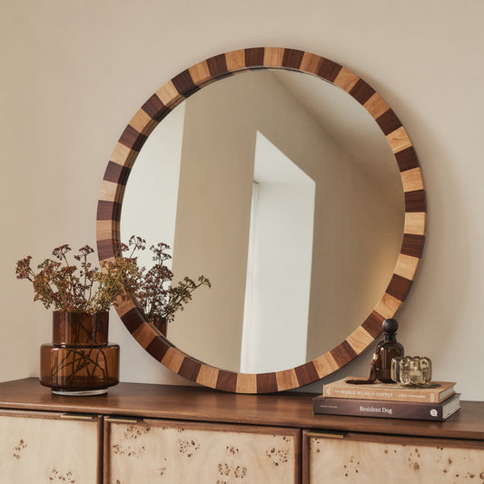 Tessera - Miroir Rond en Bois Clair et Foncé à Damier 90cm x 90cm