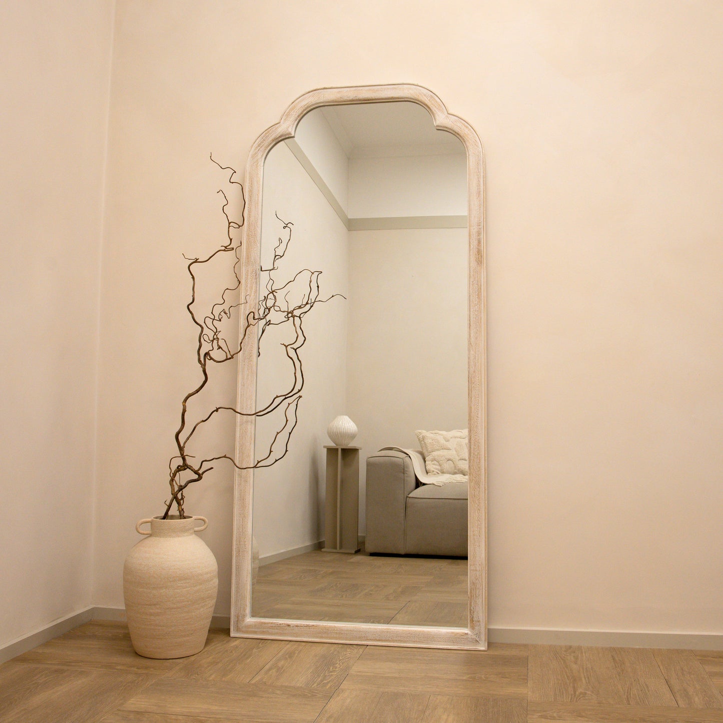 Elena - Miroir Arqué en Bois Blanchi Pleine Longueur 170cm x 75cm