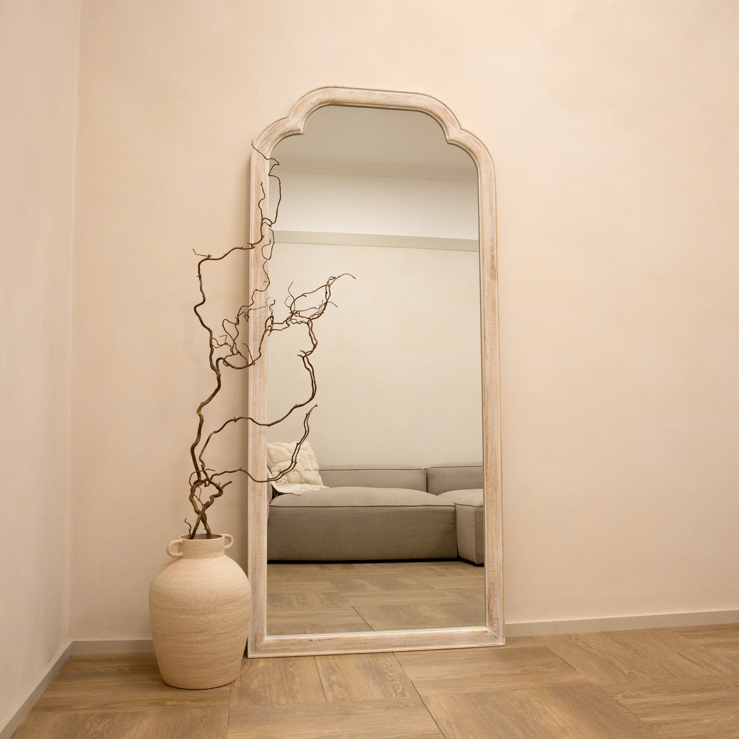 Elena - Miroir Arqué en Bois Blanchi Pleine Longueur 170cm x 75cm